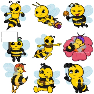蜜蜂集合-图像孤立在白色背景。透明PNG和矢量(无限扩展)EPS