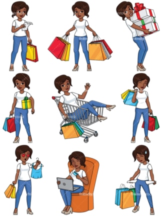 黑人妇女购物收集-图像隔离在透明背景上。PNG