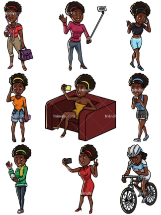 Schwarze Frau, die Handysammlung verwendet - Bilder lokalisiert auf weie ßem Hintergrund。透明PNG和Vektor (unendlich skalierbar) EPS