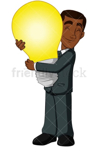 黑人商人拥抱灯泡-图像隔离在透明背景。PNG
