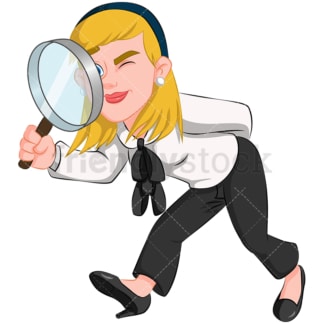 商业妇女拿着放大镜-图像隔离在透明背景上。PNG