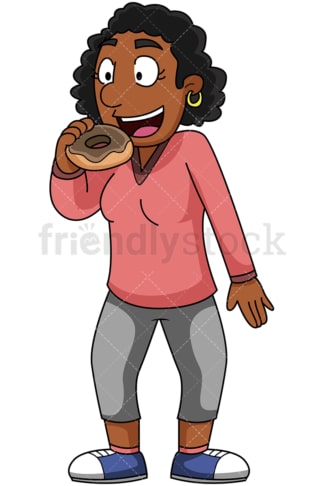 黑人妇女吃甜甜圈-图像隔离在透明背景。PNG