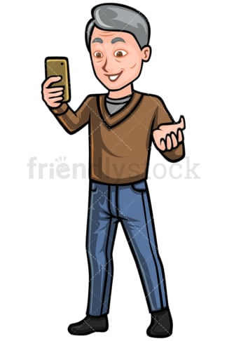 成熟男子用手机视频通话-图像隔离在白色背景。透明PNG和矢量(无限扩展)EPS, PDF。
