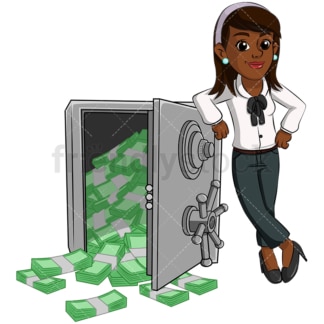 一名黑人妇女靠近金库，里面装满了现金。PNG - JPG和矢量EPS(无限可扩展)。图像隔离在透明背景上。