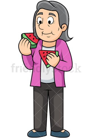 老太太在享受西瓜。PNG - JPG和矢量EPS。图像隔离在透明背景上。