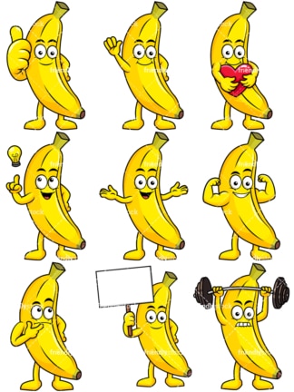 吉祥物香蕉卡通人物。PNG - JPG和矢量EPS文件格式(无限可扩展)。图像隔离在透明背景上。