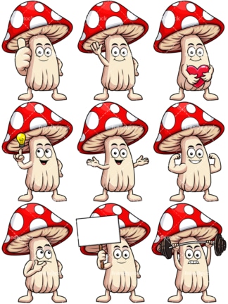 吉祥物蘑菇卡通人物。PNG - JPG和矢量EPS文件格式(无限可扩展)。图像隔离在透明背景上。
