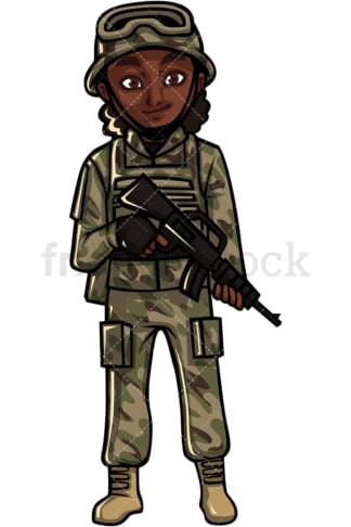 拿着武器的非裔美国女兵。PNG - JPG和矢量EPS文件格式(无限扩展)。在透明背景上隔离图像。
