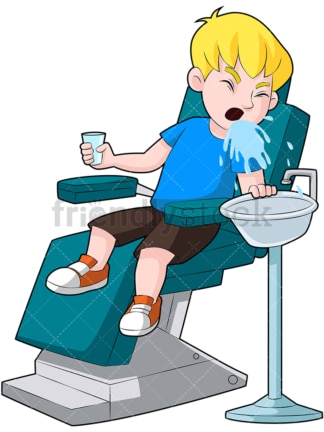 Kid in tandartsstoel water spuwen. PNG - JPG en vector EPS (oneindig schaalbaar). Afbeelding geïsoleerd op transparante achtergrond.