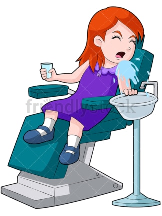 Meisje bij de tandarts die water spuwt. PNG - JPG en vector EPS (oneindig schaalbaar). Afbeelding geïsoleerd op transparante achtergrond.