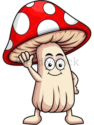 可爱的蘑菇卡通人物挥手。PNG - JPG和矢量EPS(无限可扩展)。图像隔离在透明背景上。