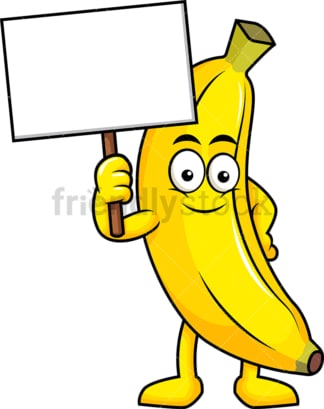 香蕉卡通人物手持空白标志。PNG - JPG和矢量EPS(无限可扩展)。图像隔离在透明背景上。