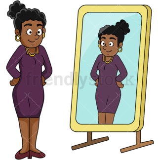 黑人女孩看着镜子。PNG - JPG和矢量EPS文件格式(无限可扩展)。图像隔离在透明背景上。