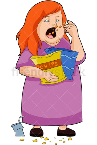 超重女子吃薯片。PNG - JPG和矢量EPS(无限可扩展)。图像隔离在透明背景上。