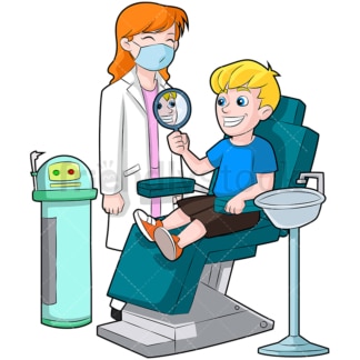 坐在牙医椅上，牙齿闪闪发亮的孩子。PNG - JPG和矢量EPS(无限可扩展)。图像隔离在透明背景上。