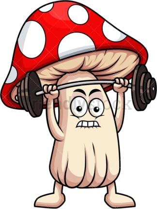 卡通人物蘑菇举重。PNG - JPG和矢量EPS(无限可扩展)。图像隔离在透明背景上。