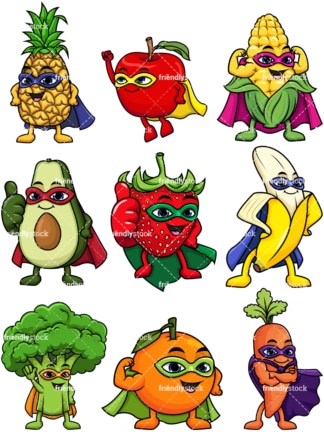Obst- und Gemüse-Superhelden。和Vektor-EPS-Dateiformate (unendlich skalierbar)。