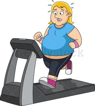 超重的女人在跑步机上锻炼。PNG - JPG和矢量EPS文件格式(无限可扩展)。