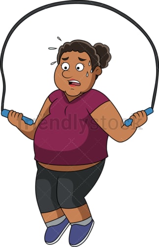 胖胖的非裔美国女人在练跳绳。PNG - JPG和矢量EPS文件格式(无限扩展)。