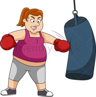 戴着拳击手套，背着沉重的袋子训练的超重妇女。PNG - JPG和矢量EPS文件格式(无限扩展)。