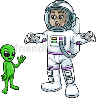 女宇航员遇到外星人。PNG - JPG和矢量EPS(无限缩放)。在透明背景上隔离图像。
