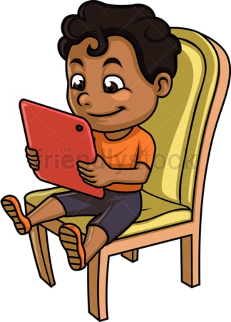 黑人小孩在用平板电脑。PNG - JPG和矢量EPS(无限扩展)。