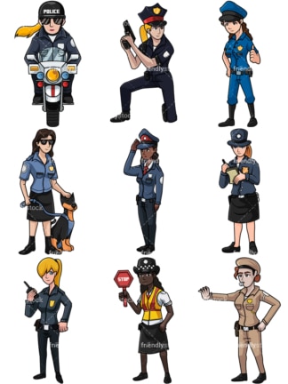 Vrouwelijke politieagenten collectie no2. PNG - JPG en vector EPS-bestandsindelingen (oneindig schaalbaar). Afbeeldingen geïsoleerd op transparante achtergrond.