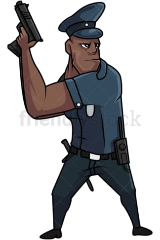 Zwarte politieagent houdt zijn pistool omhoog. PNG - JPG en vector EPS-bestandsindelingen (oneindig schaalbaar). Afbeelding geïsoleerd op transparante achtergrond.