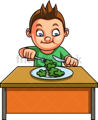 男孩吃蔬菜。PNG - JPG和矢量EPS。隔离在透明背景上。