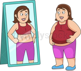 胖女人想象自己健康。PNG - JPG和矢量EPS文件格式(无限扩展)。在透明背景上隔离图像。