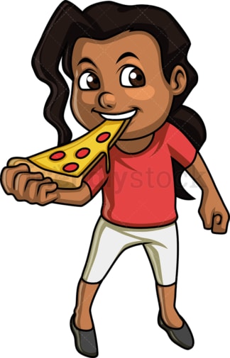 非裔美国女孩在吃披萨。PNG - JPG和矢量EPS。隔离在透明背景上。