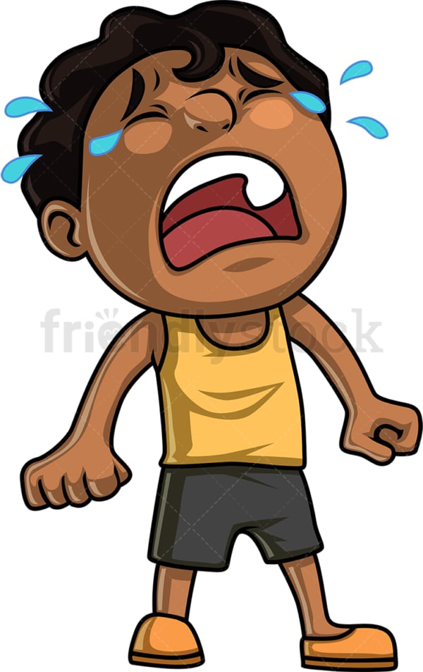 Black little boy crying hysterically. PNG - JPG and vector EPS (infinitely scalable). Image isolated on transparent background.