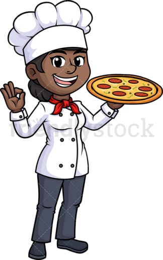 拿着披萨的黑人女厨师。PNG - JPG和矢量EPS(无限扩展)。