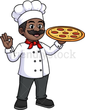 拿着披萨的黑人男厨师。PNG - JPG和矢量EPS(无限扩展)。