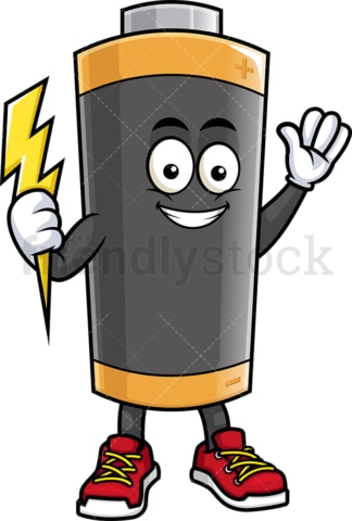 电池吉祥物手持闪电箭。PNG - JPG和矢量EPS(无限扩展)。