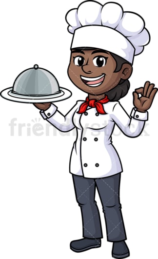 黑人女厨师端着餐盘。PNG - JPG和矢量EPS(无限扩展)。