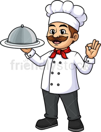 厨师拿着盘子时钟圆顶托盘。PNG - JPG和矢量EPS(无限扩展)。