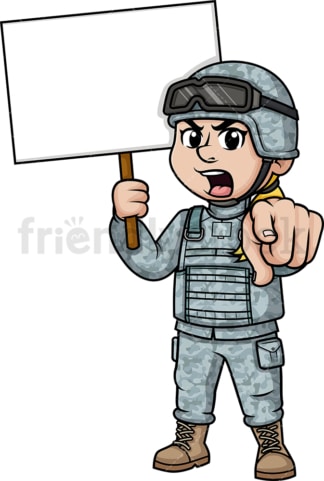 举着空白牌子的女兵。PNG - JPG和矢量EPS(无限缩放)。在透明背景上隔离图像。