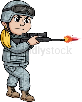 女士兵在射击她的步枪。PNG - JPG和矢量EPS(无限缩放)。在透明背景上隔离图像。