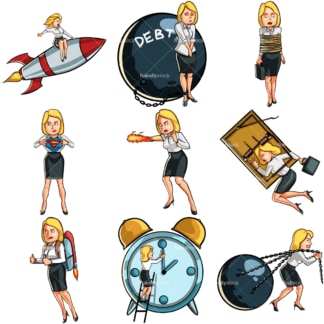 9个商业女性的概念商业漫画。PNG - JPG和矢量EPS文件格式(无限可扩展)。图像隔离在透明背景上。