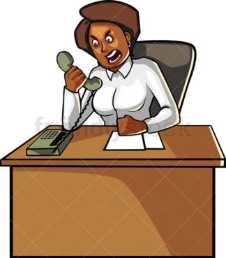 一个愤怒的黑人女商人在打电话。PNG - JPG和矢量EPS文件格式(无限扩展)。图像隔离在透明背景上。