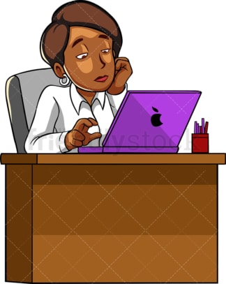 Gelangweilte schwarze Frau, die mit Laptop arbeitet PNG - JPG- und Vektor-EPS-Dateiformate (unendlich skalierbar)。辛特格兰德孤立的透明图片。