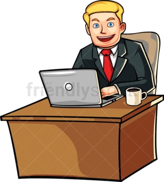 商务人员在桌子后面用笔记本电脑。PNG - JPG和矢量EPS文件格式(无限扩展)。图像隔离在透明背景上。