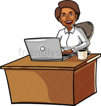 Gelukkig zwarte vrouw die met laptop werkt. PNG - JPG en vector EPS-bestandsindelingen (oneindig schaalbaar). Afbeelding geïsoleerd op transparante achtergrond.