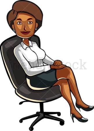 坐在办公椅上的黑人妇女。PNG - JPG和矢量EPS文件格式(无限扩展)。图像隔离在透明背景上。
