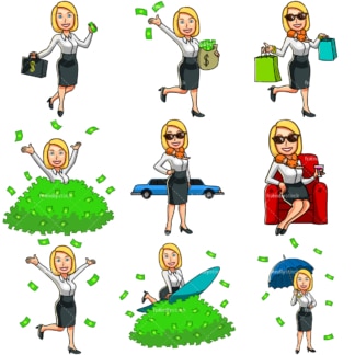 9个有钱女人的金钱卡通形象。PNG - JPG和矢量EPS文件格式(无限可扩展)。图像隔离在透明背景上。