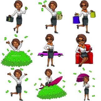 9个有钱的黑人妇女的剪纸形象。PNG - JPG和矢量EPS文件格式(无限可扩展)。图像隔离在透明背景上。