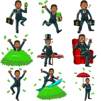 9 Geldvektorbilder eines reichen schwarzen Mannes。和Vektor-EPS-Dateiformate (unendlich skalierbar)。Bilder auf transparentem Hintergrund isoliert。