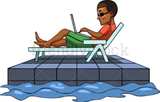 在泳池边用笔记本电脑工作的黑人。PNG - JPG和矢量EPS文件格式(无限扩展)。图像隔离在透明背景上。