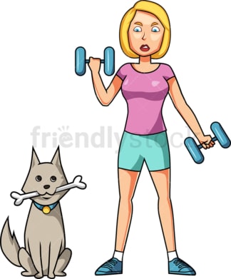 一名女子在她的狗狗旁边锻炼。PNG - JPG和矢量EPS文件格式(无限可扩展)。图像隔离在透明背景上。
